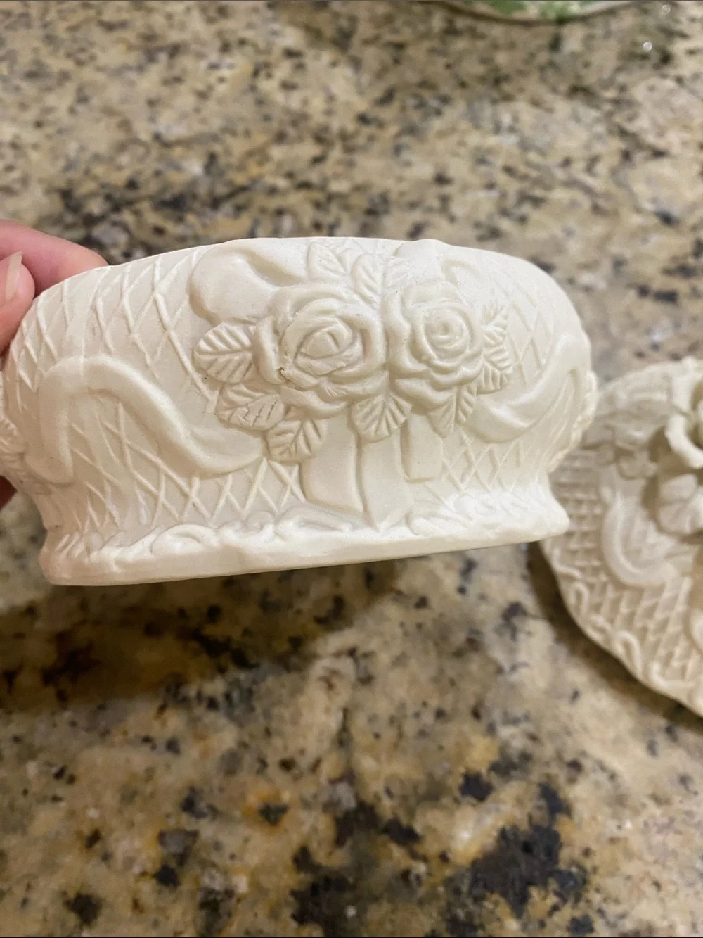 White Porcelain Bisque Trinket Box Container Jar Flowers Floral Round Vintage